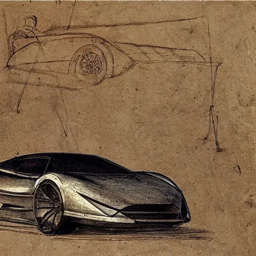Image similar to a sketch of a supercar by leonardo da vinci