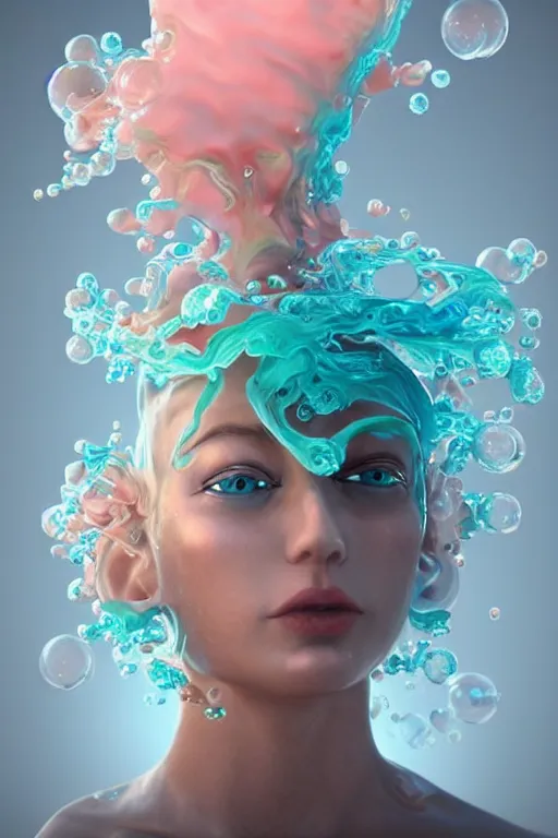 Prompt: epic 3 d abstract model, liquid headdress, 2 0 mm, with cerulean and pastel pink peanut butter spinning and melting smoothly into asymmetrical bubbles, liquid, delicate, beautiful, intricate, houdini sidefx, trending on artstation, by jeremy mann and ilya kuvshinov, jamie hewlett and ayami kojima