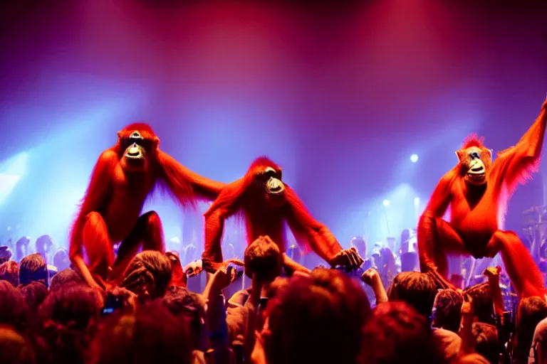 Image similar to vfx film, singing orangutan rockstar onstage band concert, flat color profile low - key lighting award winning photography arri alexa cinematography, big crowd, hyper real photorealistic cinematic beautiful, atmospheric cool colorgrade