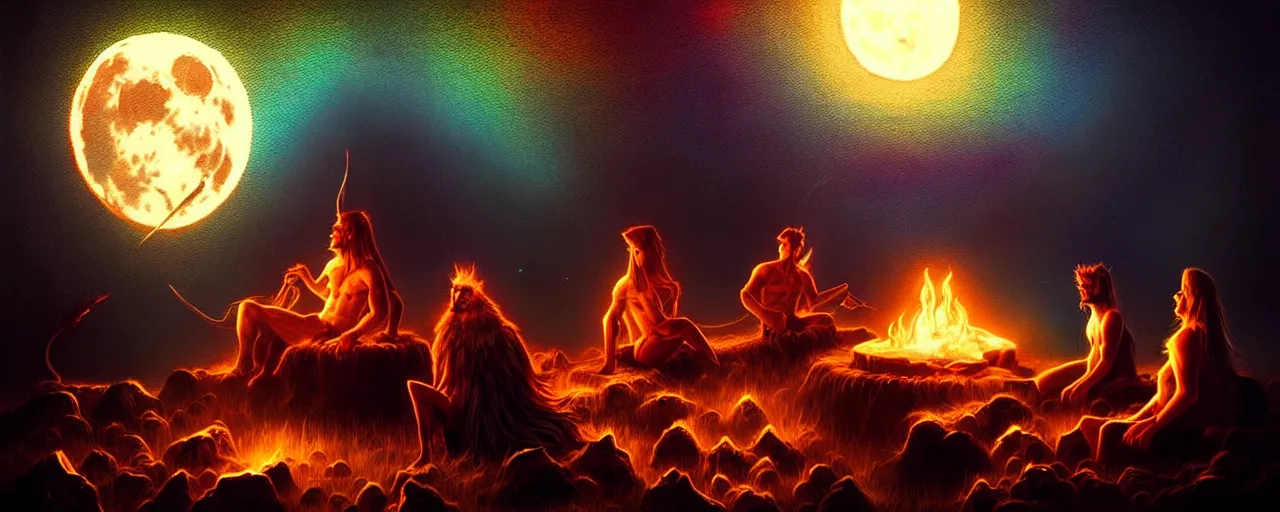 Image similar to uncanny!!! bifrost!!! mythical beasts of sitting around a fire under a full moon at bifrost, surreal dark uncanny painting by ronny khalil