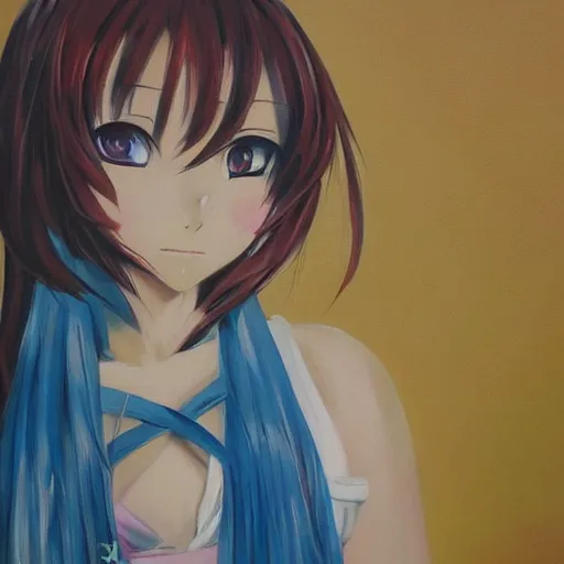 Prompt: oil painting of an anime girl by vincent van miku, brush strokes