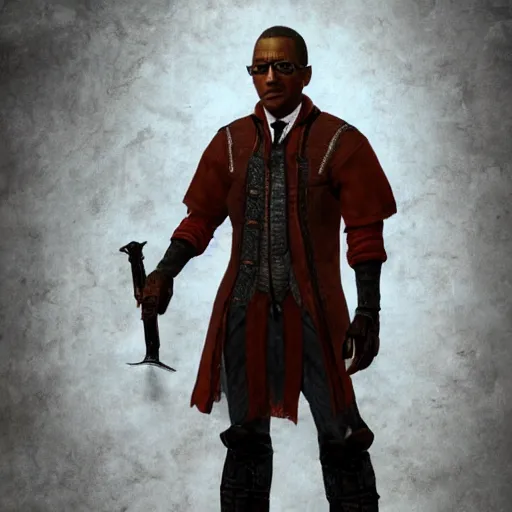 Image similar to gus fring in skyrim, redguard, tamriel, elder scrolls, adventuring gear, business suit, highly detailed, dark brotherhood