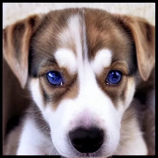 Image similar to husky beagle mix puppy, heterochromia eyes.