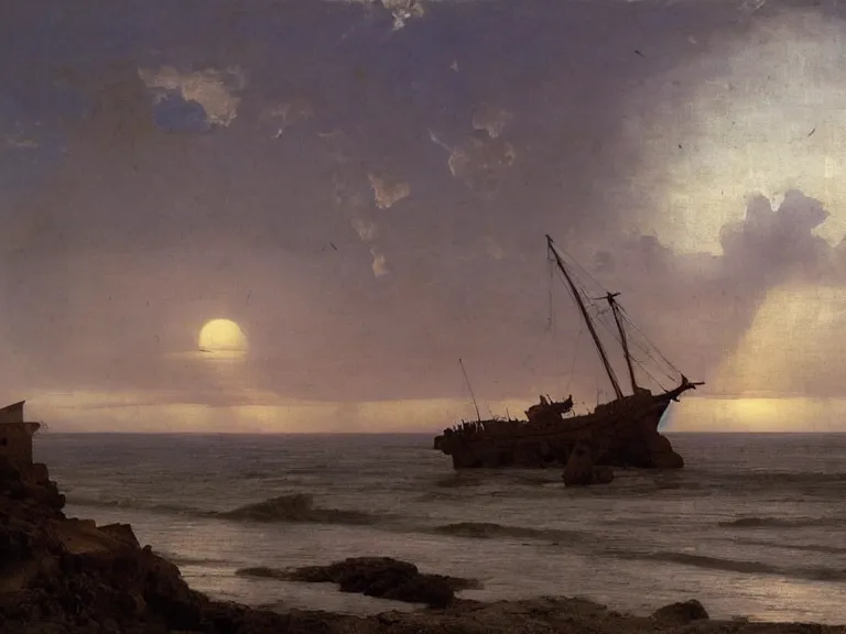 Image similar to an oil painting of a coastline at dawn, with an old shipwreck on a serene beach, beautiful sky by beksinski carl spitzweg and tuomas korpi. baroque elements, full-length view. baroque element. intricate artwork by caravaggio. Trending on artstation. 8k