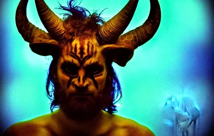 Prompt: dark mythology horned god, psycho stupid fuck it insane, looks like horns but cant seem to confirm, cinematic lighting, psychedelic photoluminescence experience, various refining methods, micro macro autofocus, ultra definition, award winning photo, to hell with you, devianart craze, photograph taken by michael komarck