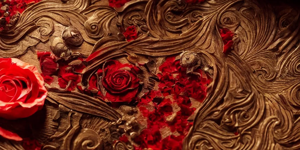 Image similar to an intricate seashell is carved into a wooden table, a single red rose petal rests on top, close up view, dramatic lighting, DOF, intricate artwork by Raymond Swanland and Ruan Jia