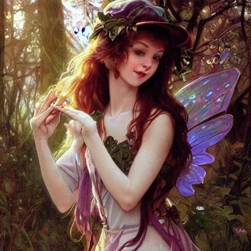 Prompt: a 1 9 8 0 s forest fairy. a fairy from the 1 9 8 0 s. she is cute and wears a backwards baseball cap. stunning painting by artgerm and greg rutkowski and alphonse mucha.