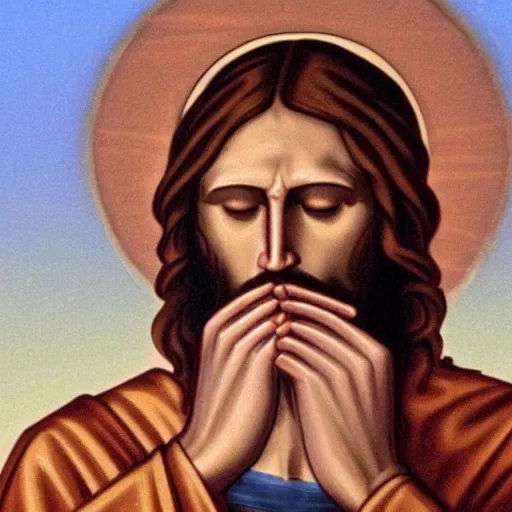 Image similar to facepalm jesus, facepalm, cinematic