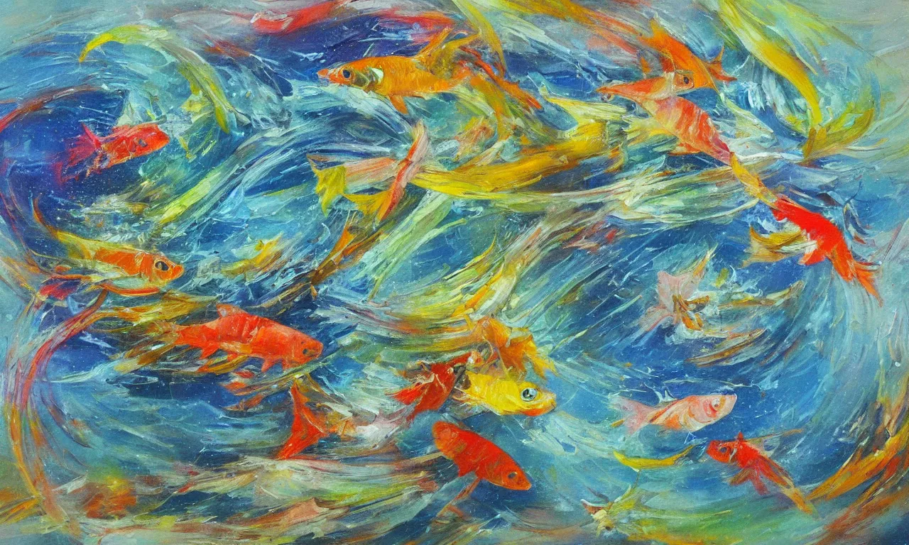 Image similar to painting of splashing water, small fish, representation with abstraction, frenetic oil painting, values as flat shapes, pastel color pallet,