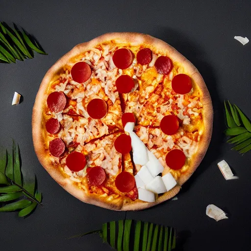 Image similar to A coconut ((🍕)) made entirely out of 🥥 , 🥥 🍕 hybrid, 4k food photography