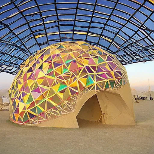 Prompt: epic geometric cat shaped canvas dome stage installation burning man playa