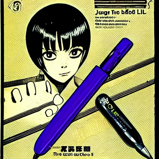 Image similar to a product photo ad of a technical rollerball reed pen exacto knife by junji ito, ethereal eel