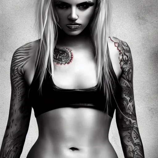 Image similar to Hot young woman, grey skinned, void eyeballs, white hair, tattoos, wearing leather jacket and wifebeater tank top, digital art, concept art, 4k,