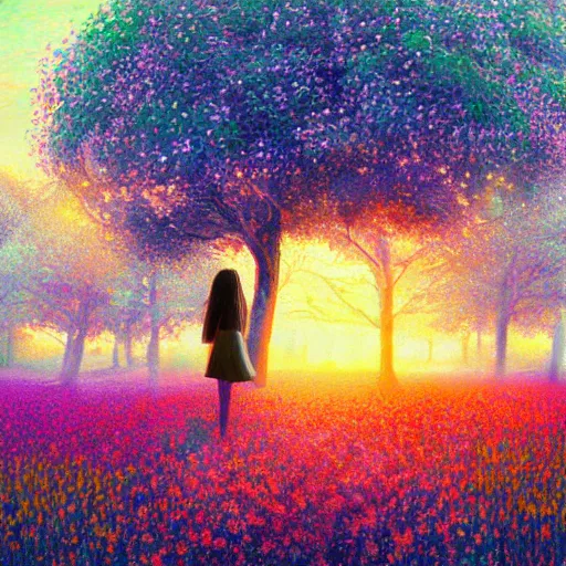 Image similar to girl becoming flower, standing in a flower field, big trees, sunrise dramatic light, impressionist painting, colorful clouds, digital painting, pointillism, artstation, simon stalenhag