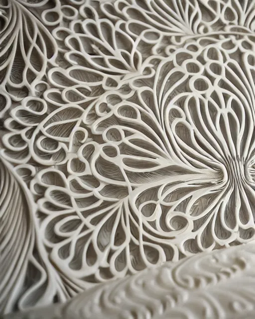 Prompt: wall craving filigree carved out of ivory about fishes fins scales