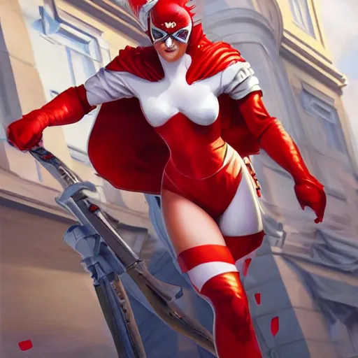 Prompt: captain vienna, a austrian superhero, red and white costume colors, with an eagle emblem, eagle logo, vienna city, european buildings, austrian architecture, highly detailed, digital painting, artstation, concept art, smooth, sharp focus, illustration, unreal engine 5, 8 k, art by artgerm and greg rutkowski and edgar maxence