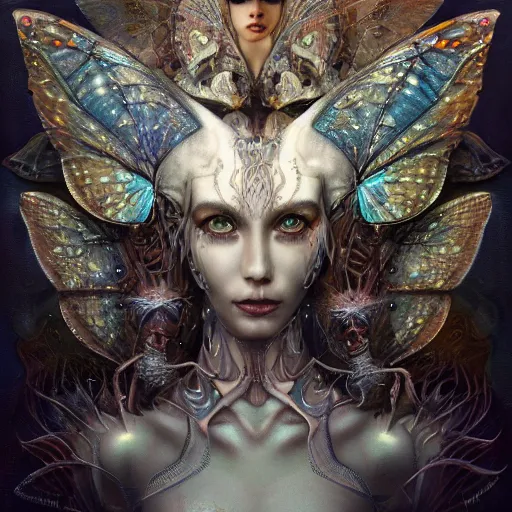 Image similar to realistic illustration of a beautiful rusted mechanical faerie queen with glowing eyes, moth wings with geometric patterns, reflective detailed textures, highly detailed dark fantasy science fiction painting by tom bagshaw and diego rivera and jean delville, silver and cool colors, artstation, octane render