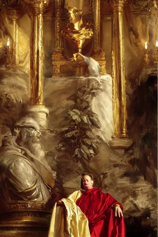 Image similar to beautiful oil painting, steve buscemi in royal crimson robes enthroned as the god emperor of ancient rome a golden wreath upon his head, by anders zorn, wonderful masterpiece by greg rutkowski, beautiful cinematic light, american romanticism, by thomas lawrence, greg rutkowski