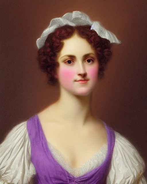 Image similar to regency portrait en buste of annasophia robb violet beauregarde leslie burke by Hughes Merle, by Pierre Auguste Cot, perfectly detailed eyes, realistic fabric, abundant detail