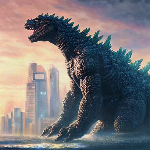 Image similar to a hyper-realistic stunning oil painting of a giant Godzilla monster peacefully coexisting with the people of Neo Tokyo; hyper-detailed!!!; an extraordinary masterpiece!!!; flawless; trending on artstation