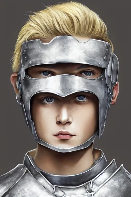 Image similar to a blonde male teenager wearing a silver plate armor, digital painting, digital art, oil painting, masterpiece, realistic and detailed face, profile picture, realistic, highly detailed, high quality, symmetrical, low contrast, trending on deviantart, soft colors, soft lighting, face portrait, beautiful, elegant, castle in the background, bokeh, oil painting