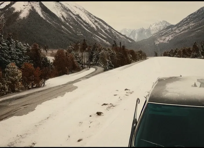 Image similar to A very high resolution image from a new movie, landscape from a car window , mountains, snowy, snowy mountains, Polaroid, directed by wes anderson