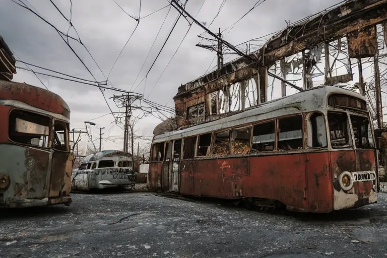 Image similar to low wide angle shot of dilapidated fallout 5 europa, temperate european hamlet, desolate, dilapidated neon signs, few rusted retro futuristic vintage parked vehicles like cars, buses, trucks, trams, volumetric lighting, photorealistic, daytime, autumn, sunny weather, sharp focus, ultra detailed, 4 0 0 0 k