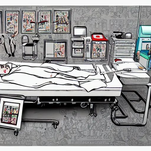 Image similar to chinese surgery operating table, in the style of daniel johnston and simon stålenhag and outsider art, 8k, line brush, overlaid with chinese adverts