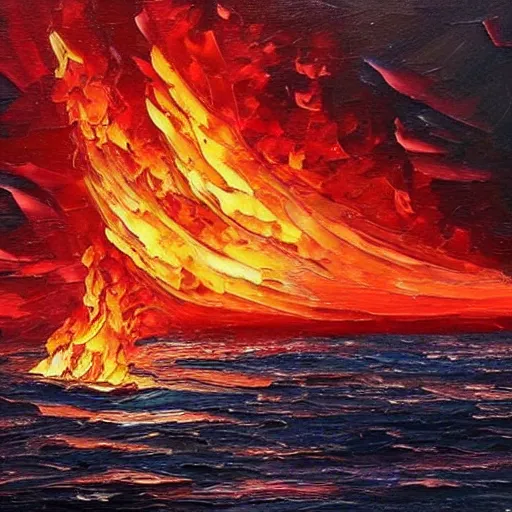 Image similar to Beautiful oil painting. Fire tornado in the open ocean. Raging sea. Catastrophe. Small sailboat. Crimson tones, Scarlet tones.