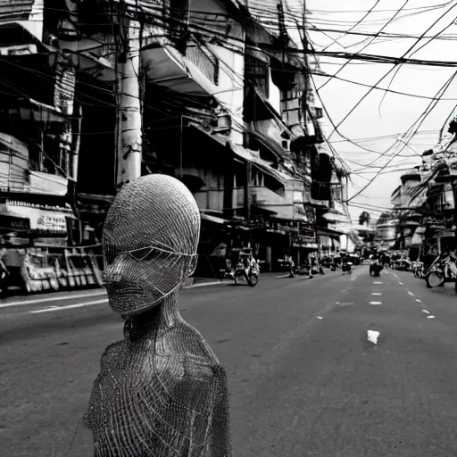 Image similar to wire in human form stand alone in the street of bangkok, photo realistic