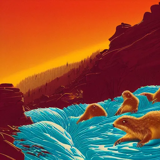 Image similar to painting by kilian eng of a group of marmots playing in a mountain stream, kilian eng