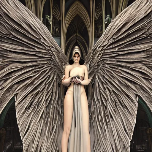 Prompt: tall female angel, wings, shrouded, veiled, ornate cyberpunk armor :: ornate cyberpunk interior, ruins, high arches, cyberpunk cathedral, Cathedral, 8K, trending on artstation, volumetric light, lightrays, smoke, cinematic, atmospheric, octane render, insanely detailed and intricate, hypermaximalist, elegant, ornate, luxury, elite, by James Jean, hyper realistic, super detailed, golden ratio