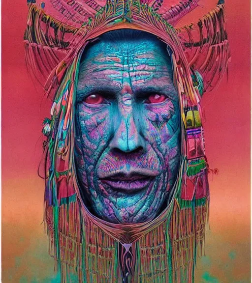 Image similar to Portrait painting in a style of Beksinski mixed with Alex Grey of an old shaman dressed in a colorful traditional clothes. Very psychodelic