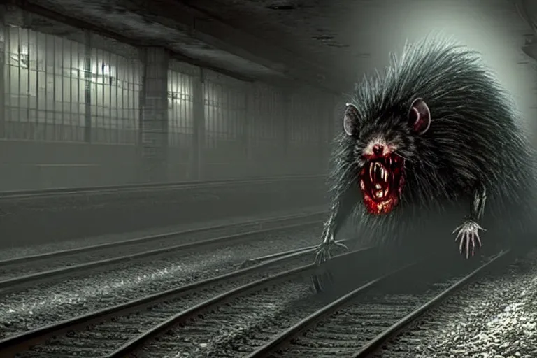 Prompt: very large giant mutant zombie irradiated ( angry rat ) staying on railways in tonnel of moscow subway. tonnel, railways, giant angry rat, furr, fangs, claws, very realistic. fog, silent hill style, extreme long shot, herman nitsch, giger, unreal engine.