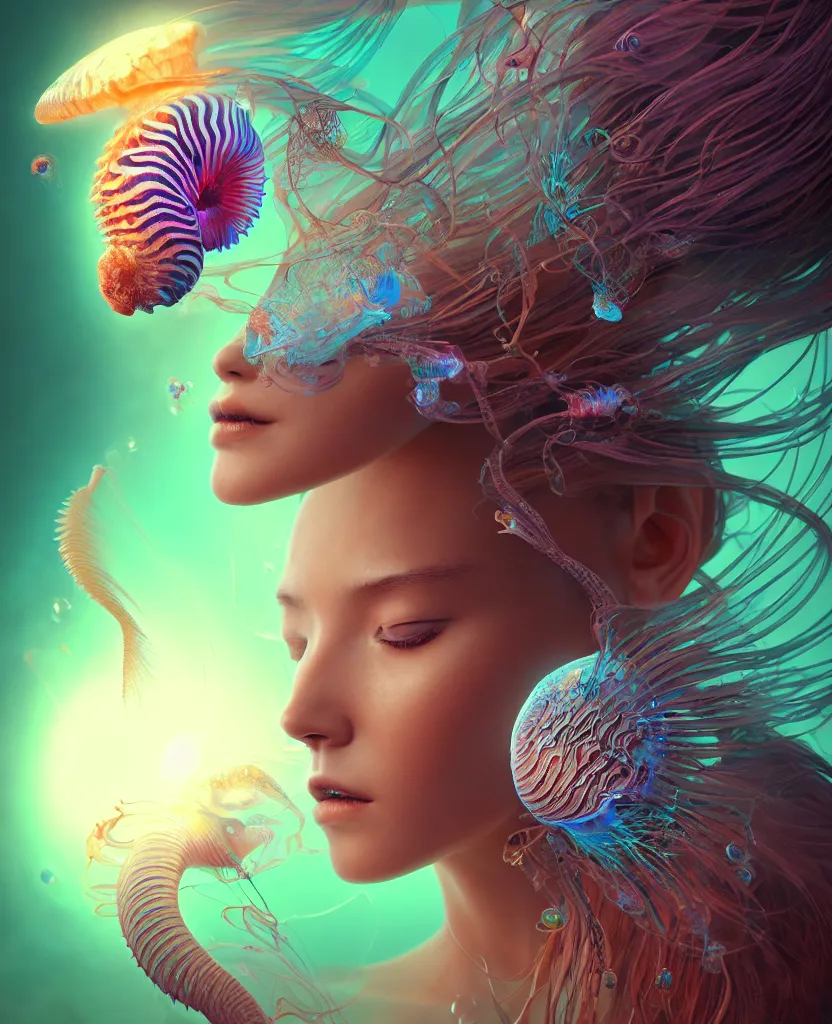 Image similar to goddess close-up portrait. orchid jellyfish phoenix head, nautilus, skull, betta fish, bioluminiscent creatures, intricate artwork by Tooth Wu and wlop and beeple. octane render, trending on artstation, greg rutkowski very coherent symmetrical artwork. cinematic, hyper realism, high detail, octane render, 8k