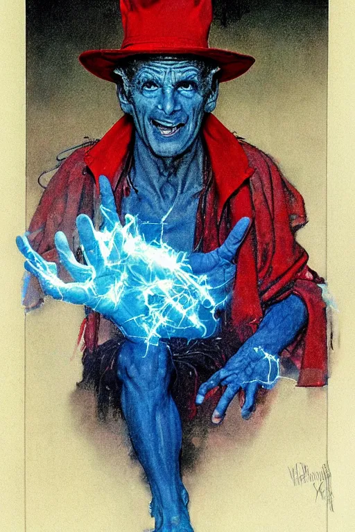 Prompt: A character study of an evil sorcerer with blue energy glowing from his hands, he has a red hat, by norman rockwell, loish, greg rutkwoski, high detail