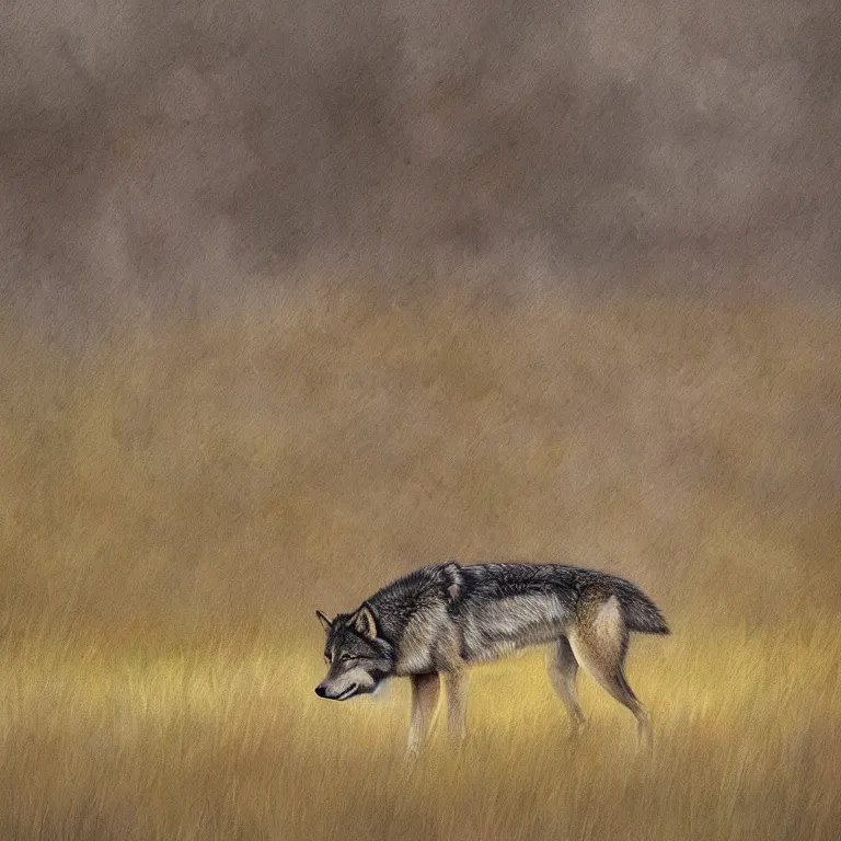 Image similar to Majestic wolf on the heath, portrait. Rough brushstrokes. Beautiful scene. Muted natural colour scheme. Beautiful artistic painting by Lurid (2022)