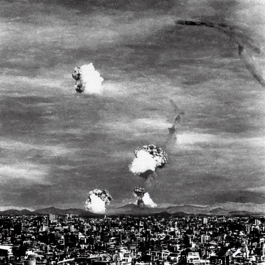 Prompt: Ansel Adams photo of Hiroshima during atom bomb detonation