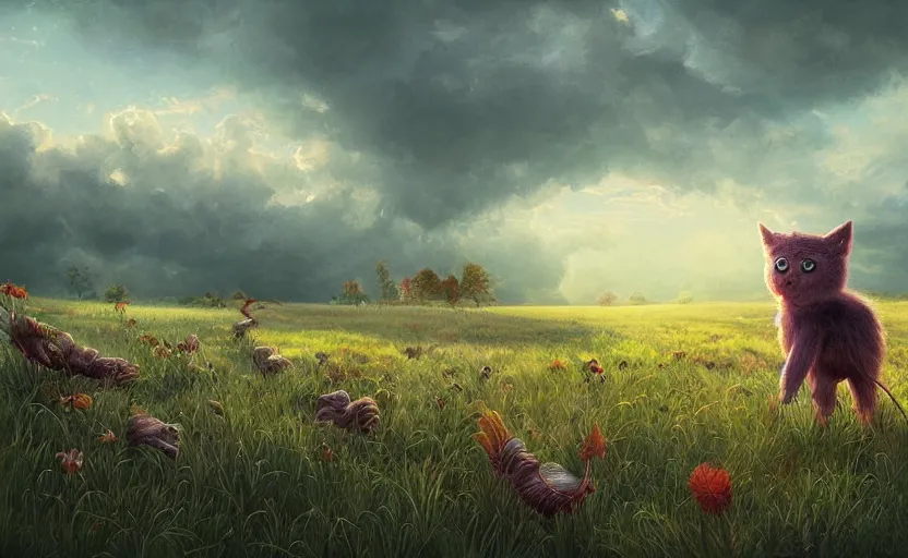 Image similar to A whimsical creature in a field, beautiful, warm dynamic lighting, atmospheric, cinematic, highly detailed digital art, painted by Scott Musgrove