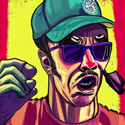Prompt: upset delusional trippy person illustrated in the style of a GTA V poster, detailed, closeup