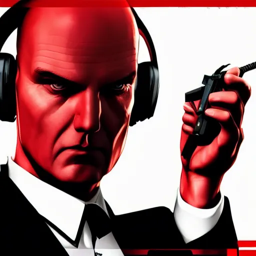 Image similar to a portrait of agent 4 7 from hitman wearing large headphones while pointing a silenced silver handgun, dark background, red rim light, smooth, sharp focus, art by irina french