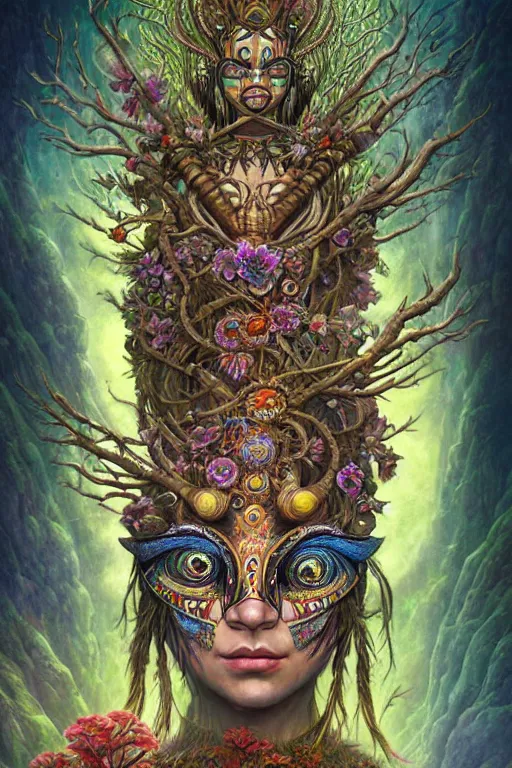 Prompt: hyper detailed, botanical tidepool priestess tribal mask in the style of tarot art, matte painting by Jeremiah Ketner, Thomasz Alen Kopera, and Thomas Kinkade. artstation, insanely 3d, 4k, shamanpunk