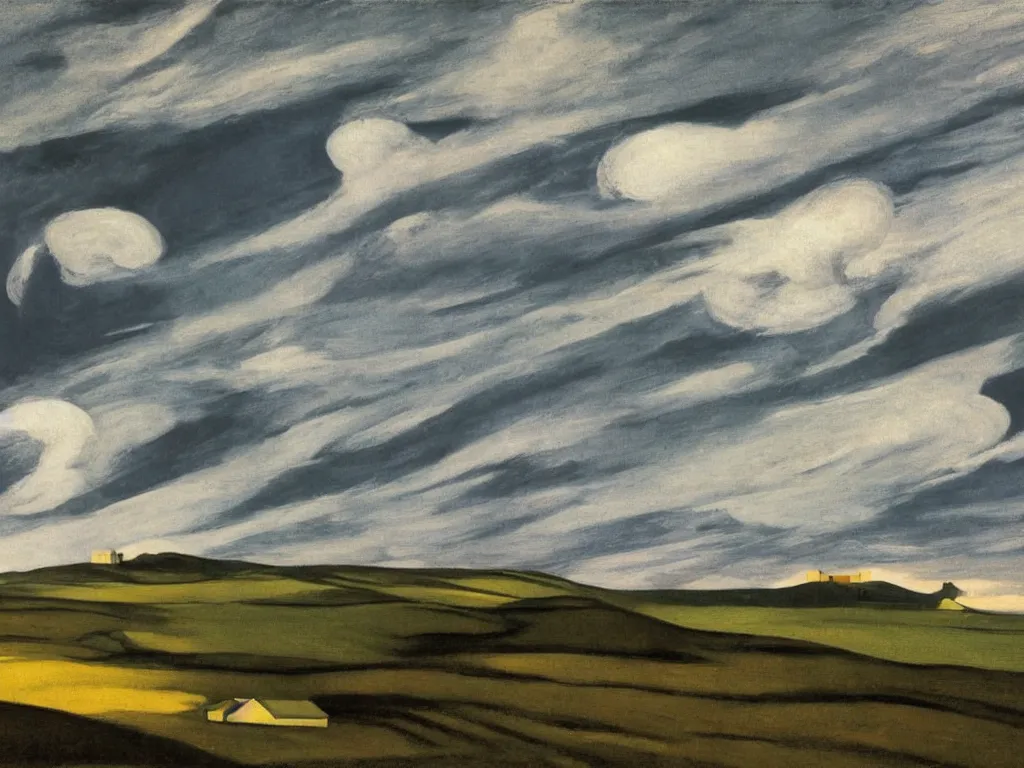 Image similar to dramatic landscape of donegal ireland after the storm, mammatus clouds and lenticular clouds, by edward hopper and giorgio de chirico