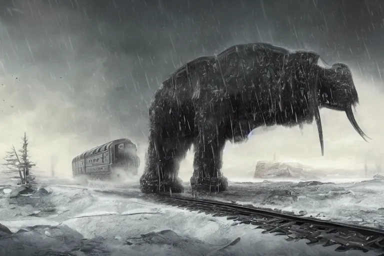 Image similar to a grand intricate futuristic black steam train next to a giant mammoth, post - apocalyptic ice landscape in snowstorm, concept art, artstation, highly detailed, digital art