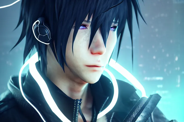 Prompt: Noctis with headphones is looking at a rainy window in the style of a code vein character creation, cyberpunk art by Yuumei, cg society contest winner, rayonism light effects and bokeh, daz3d, vaporwave, deviantart hd