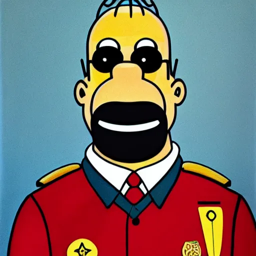 Image similar to homer simpson wearing a soviet dictator uniform ( oil painting portrait, greatly painted, 4 k, smooth painting, high detailed, and greatly illustrated )