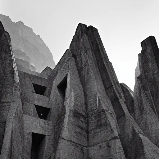 Prompt: black and white photograph of an intimidating and mysterious brutalist cathedral built into the side of a Himalayan mountain at a high elevation, designed by I.M. Pei and Giger, cinematic lighting, dramatic masterpiece