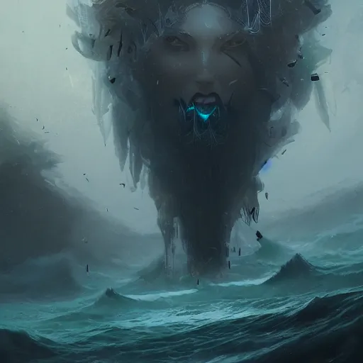 Prompt: A being with seven heads and ten horns coming out of the ocean , digital Art, Greg rutkowski, Trending artstation, cinematographic, hyperrealistic