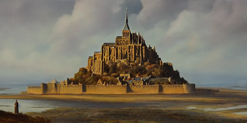 Prompt: oil painting portraying mont saint michel in the style of romanticism landscape painters,beautiful,mist,evocative