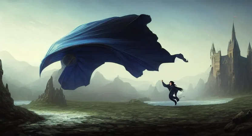 Prompt: handsome mage running away from a giant airship, black hair wearing hooded gothic blue cloak, mountain town, movie action still frame, ultra wide horizon, intricate, elegant, highly detailed, hyperrealism, digital painting, concept art, smooth, sharp, focus, illustration, art by artgerm, greg rutkowski, ilya kuvshinov, alphonse mucha